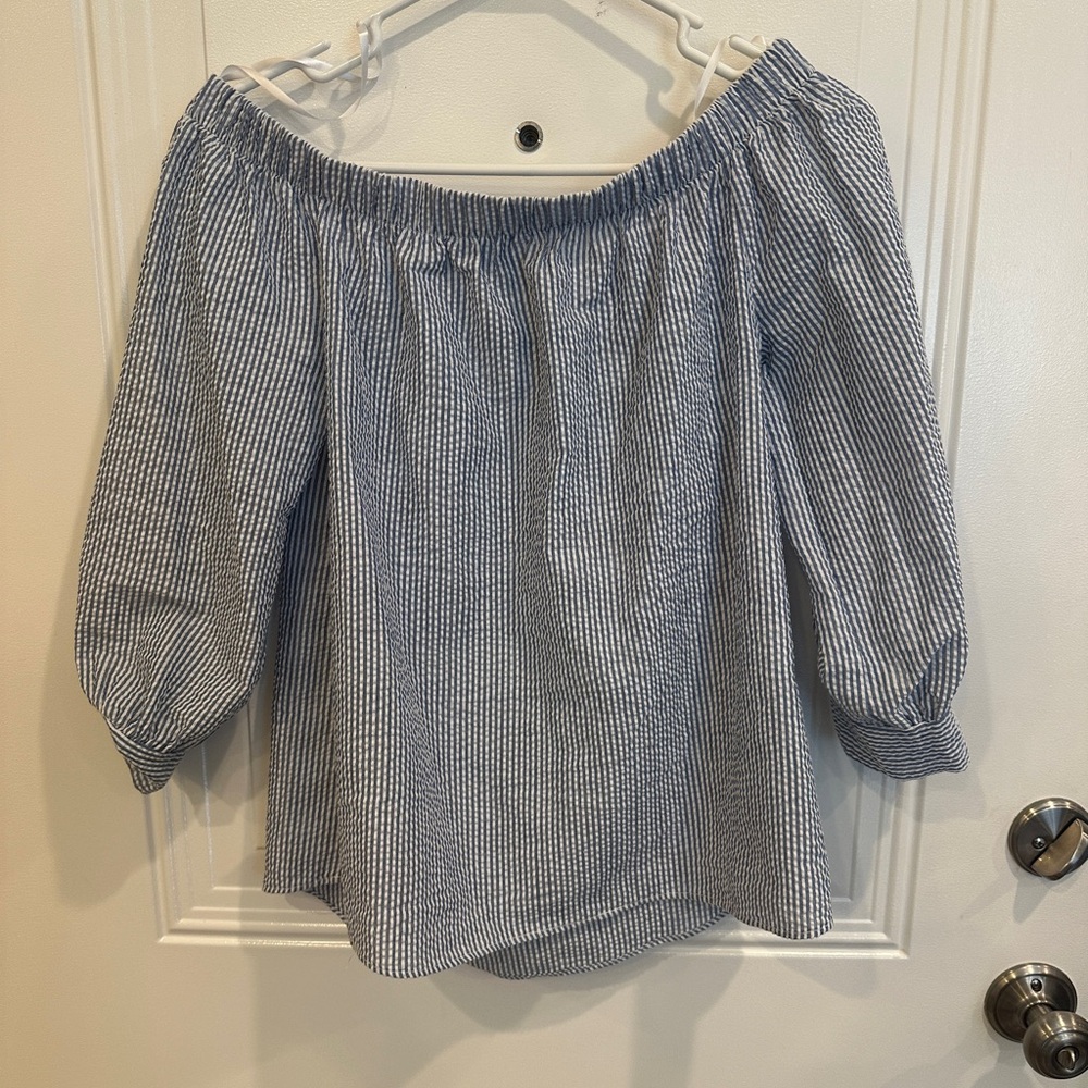 Charming Charlie Blue and White Off-Shoulder Blouse